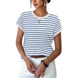 image:imageWIHOLL Short Sleeve Sweater for Women Summer Tops Crew Neck Fashion Clothing Tshirts Shirts Travel Outfits Dressy CasualStriped 06