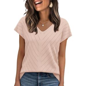 image:imageWIHOLL Short Sleeve Sweater for Women V Neck Trendy Summer Tops 2026 Beach Vacation Clothes Travel Business Casual OutfitsApricot
