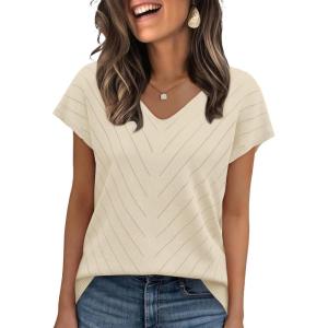 image:imageWIHOLL Short Sleeve Sweater for Women V Neck Trendy Summer Tops 2026 Beach Vacation Clothes Travel Business Casual OutfitsApricot White