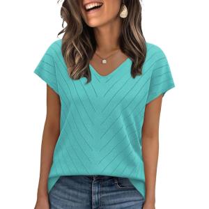 image:imageWIHOLL Short Sleeve Sweater for Women V Neck Trendy Summer Tops 2026 Beach Vacation Clothes Travel Business Casual OutfitsAqua