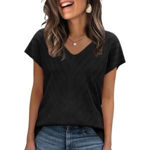 image:imageWIHOLL Short Sleeve Sweater for Women V Neck Trendy Summer Tops 2026 Beach Vacation Clothes Travel Business Casual OutfitsBlack