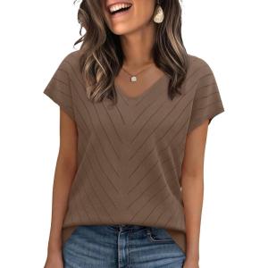 image:imageWIHOLL Short Sleeve Sweater for Women V Neck Trendy Summer Tops 2026 Beach Vacation Clothes Travel Business Casual OutfitsBrown