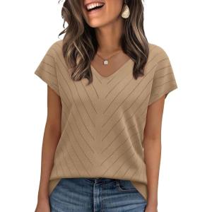 image:imageWIHOLL Short Sleeve Sweater for Women V Neck Trendy Summer Tops 2026 Beach Vacation Clothes Travel Business Casual OutfitsCoffee