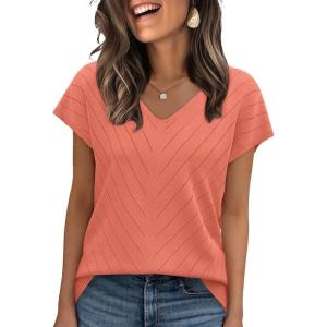 image:imageWIHOLL Short Sleeve Sweater for Women V Neck Trendy Summer Tops 2026 Beach Vacation Clothes Travel Business Casual OutfitsCoral