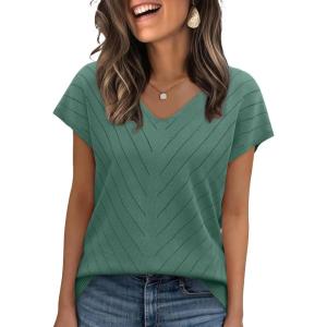 image:imageWIHOLL Short Sleeve Sweater for Women V Neck Trendy Summer Tops 2026 Beach Vacation Clothes Travel Business Casual OutfitsDark Green