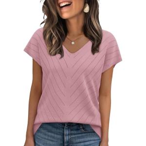 image:imageWIHOLL Short Sleeve Sweater for Women V Neck Trendy Summer Tops 2026 Beach Vacation Clothes Travel Business Casual OutfitsDusty Pink