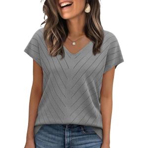 image:imageWIHOLL Short Sleeve Sweater for Women V Neck Trendy Summer Tops 2026 Beach Vacation Clothes Travel Business Casual OutfitsGray