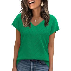 image:imageWIHOLL Short Sleeve Sweater for Women V Neck Trendy Summer Tops 2026 Beach Vacation Clothes Travel Business Casual OutfitsGreen