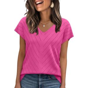 image:imageWIHOLL Short Sleeve Sweater for Women V Neck Trendy Summer Tops 2026 Beach Vacation Clothes Travel Business Casual OutfitsHot Pink