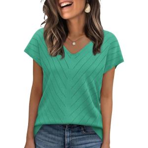 image:imageWIHOLL Short Sleeve Sweater for Women V Neck Trendy Summer Tops 2026 Beach Vacation Clothes Travel Business Casual OutfitsLake Green