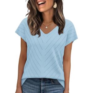 image:imageWIHOLL Short Sleeve Sweater for Women V Neck Trendy Summer Tops 2026 Beach Vacation Clothes Travel Business Casual OutfitsLight Blue