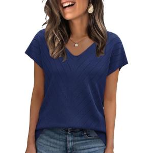image:imageWIHOLL Short Sleeve Sweater for Women V Neck Trendy Summer Tops 2026 Beach Vacation Clothes Travel Business Casual OutfitsNavy