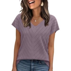 image:imageWIHOLL Short Sleeve Sweater for Women V Neck Trendy Summer Tops 2026 Beach Vacation Clothes Travel Business Casual OutfitsPurple