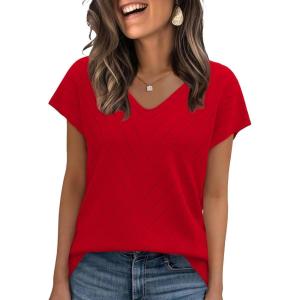 image:imageWIHOLL Short Sleeve Sweater for Women V Neck Trendy Summer Tops 2026 Beach Vacation Clothes Travel Business Casual OutfitsRed