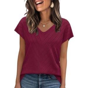 image:imageWIHOLL Short Sleeve Sweater for Women V Neck Trendy Summer Tops 2026 Beach Vacation Clothes Travel Business Casual OutfitsWine Red