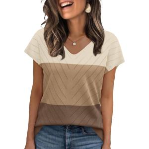 image:imageWIHOLL Short Sleeve Sweater for Women V Neck Trendy Summer Tops 2026 Beach Vacation Clothes Travel Business Casual OutfitsZ  Apricot Coffee Brown