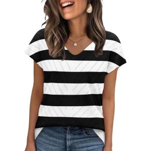 image:imageWIHOLL Short Sleeve Sweater for Women V Neck Trendy Summer Tops 2026 Beach Vacation Clothes Travel Business Casual OutfitsZ  Black White Stripes
