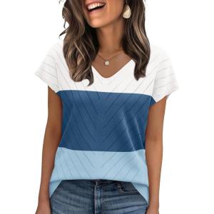 image:imageWIHOLL Short Sleeve Sweater for Women V Neck Trendy Summer Tops 2026 Beach Vacation Clothes Travel Business Casual OutfitsZ  White Blue Blue