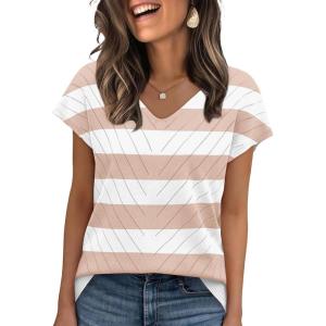 image:imageWIHOLL Short Sleeve Sweater for Women V Neck Trendy Summer Tops 2026 Beach Vacation Clothes Travel Business Casual OutfitsZ  White Pink Stripes
