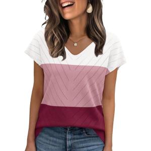image:imageWIHOLL Short Sleeve Sweater for Women V Neck Trendy Summer Tops 2026 Beach Vacation Clothes Travel Business Casual OutfitsZ  White Pink Wine
