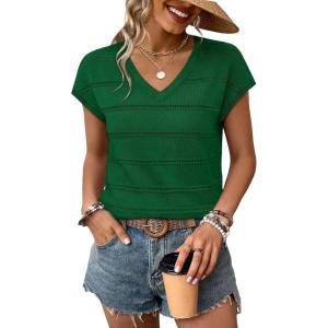 image:imageWIHOLL Short Sleeve Sweater for Women V Neck Trendy Summer Tops 2026 Spring Fashion Clothing Business Casual OutfitsGreen