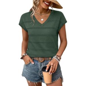 image:imageWIHOLL Short Sleeve Sweater for Women V Neck Trendy Summer Tops 2026 Spring Fashion Clothing Business Casual OutfitsGrey Green