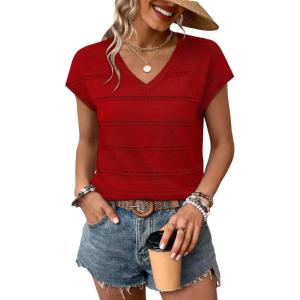 image:imageWIHOLL Short Sleeve Sweater for Women V Neck Trendy Summer Tops 2026 Spring Fashion Clothing Business Casual OutfitsRed