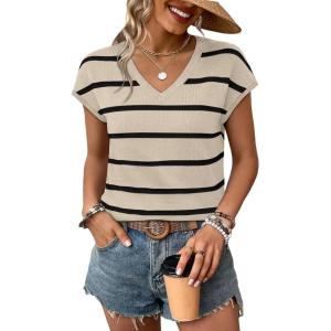 image:imageWIHOLL Short Sleeve Sweater for Women V Neck Trendy Summer Tops 2026 Spring Fashion Clothing Business Casual OutfitsZ  Black  Apricot