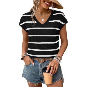 image:imageWIHOLL Short Sleeve Sweater for Women V Neck Trendy Summer Tops 2026 Spring Fashion Clothing Business Casual OutfitsZ  Black  White