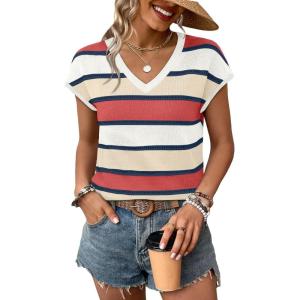 image:imageWIHOLL Short Sleeve Sweater for Women V Neck Trendy Summer Tops 2026 Spring Fashion Clothing Business Casual OutfitsZ  Multicolored Block