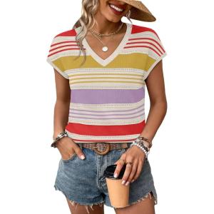 image:imageWIHOLL Short Sleeve Sweater for Women V Neck Trendy Summer Tops 2026 Spring Fashion Clothing Business Casual OutfitsZ  Multicolored Stripes