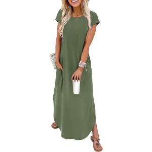 image:imageWIHOLL Summer Dresses Cap Sleeve Crewneck Maxi Long Casual Dress with Pockets Beach Vacation Sundresses 2026 TrendyArmy Green