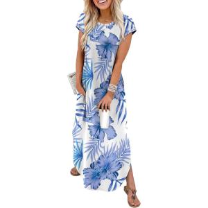image:imageWIHOLL Summer Dresses Cap Sleeve Crewneck Maxi Long Casual Dress with Pockets Beach Vacation Sundresses 2026 TrendyFloral Blue Leaf