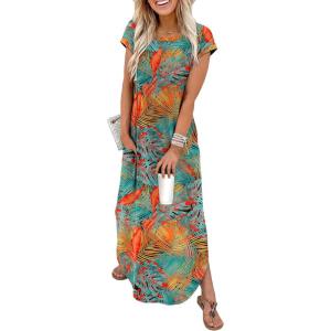 image:imageWIHOLL Summer Dresses Cap Sleeve Crewneck Maxi Long Casual Dress with Pockets Beach Vacation Sundresses 2026 TrendyFloral Blue Orange