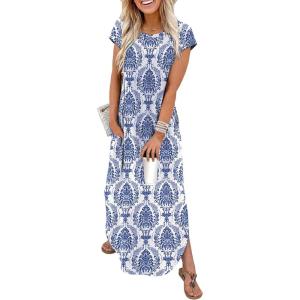 image:imageWIHOLL Summer Dresses Cap Sleeve Crewneck Maxi Long Casual Dress with Pockets Beach Vacation Sundresses 2026 TrendyFloral Boho Khaki Blue