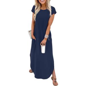 image:imageWIHOLL Summer Dresses Cap Sleeve Crewneck Maxi Long Casual Dress with Pockets Beach Vacation Sundresses 2026 TrendyNavy Blue