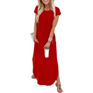 image:imageWIHOLL Summer Dresses Cap Sleeve Crewneck Maxi Long Casual Dress with Pockets Beach Vacation Sundresses 2026 TrendyRed