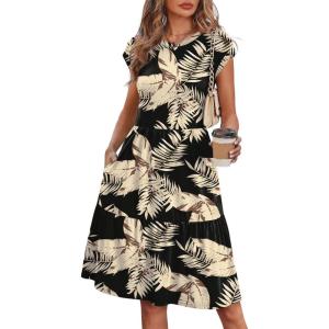 image:imageWIHOLL Summer Dresses for Women 2026 Cap Sleeve Casual Sundresses Floral Tiered Swing Fashion Beach Vacation Dress02  Beige Leaf