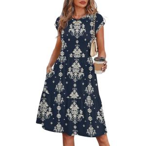 image:imageWIHOLL Summer Dresses for Women 2026 Cap Sleeve Casual Sundresses Floral Tiered Swing Fashion Beach Vacation Dress02  Navy Damask