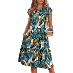 image:imageWIHOLL Summer Dresses for Women 2026 Cap Sleeve Casual Sundresses Floral Tiered Swing Fashion Beach Vacation Dress02  Palm Leaf