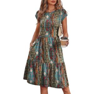 image:imageWIHOLL Summer Dresses for Women 2026 Cap Sleeve Casual Sundresses Floral Tiered Swing Fashion Beach Vacation Dress04  Blue Orange Boho Floral