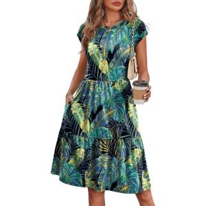 image:imageWIHOLL Summer Dresses for Women 2026 Cap Sleeve Casual Sundresses Floral Tiered Swing Fashion Beach Vacation Dress04  Dark Leaf Print