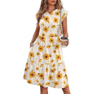 image:imageWIHOLL Summer Dresses for Women 2026 Cap Sleeve Casual Sundresses Floral Tiered Swing Fashion Beach Vacation Dress04  Ivory Yellow Floral