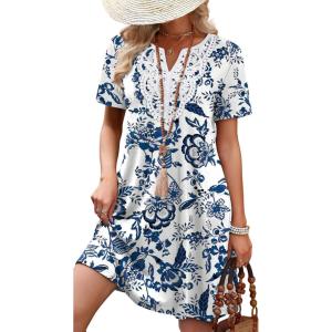 image:imageWIHOLL Summer Dresses for Women Casual Tshirt Boho Dress Wedding Guest Dresses Short Sleeve Fashion Beach Vacation Clothes1blue Ethnic Floral