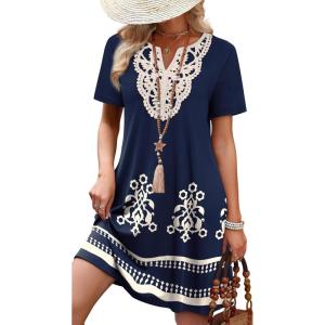 image:imageWIHOLL Summer Dresses for Women Casual Tshirt Boho Dress Wedding Guest Dresses Short Sleeve Fashion Beach Vacation Clothes1navy Ethnic Floral