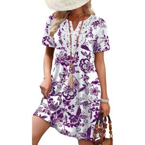 image:imageWIHOLL Summer Dresses for Women Casual Tshirt Boho Dress Wedding Guest Dresses Short Sleeve Fashion Beach Vacation Clothes1purple Ethnic Floral