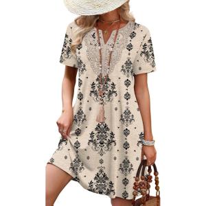 image:imageWIHOLL Summer Dresses for Women Casual Tshirt Boho Dress Wedding Guest Dresses Short Sleeve Fashion Beach Vacation ClothesBeige Ethnic Floral