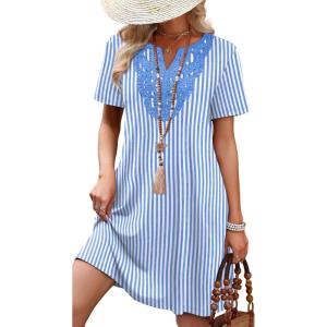image:imageWIHOLL Summer Dresses for Women Casual Tshirt Boho Dress Wedding Guest Dresses Short Sleeve Fashion Beach Vacation ClothesBlue Stripes