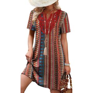 image:imageWIHOLL Summer Dresses for Women Casual Tshirt Boho Dress Wedding Guest Dresses Short Sleeve Fashion Beach Vacation ClothesColorful Ethnic Floral