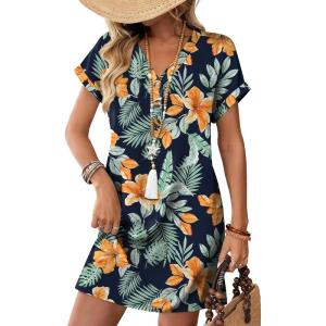 image:imageWIHOLL Summer Dresses for Women with Sleeves Midi Dress Button Down Beach Vacation Casual Dresses Fashion ClothingOrange Floral